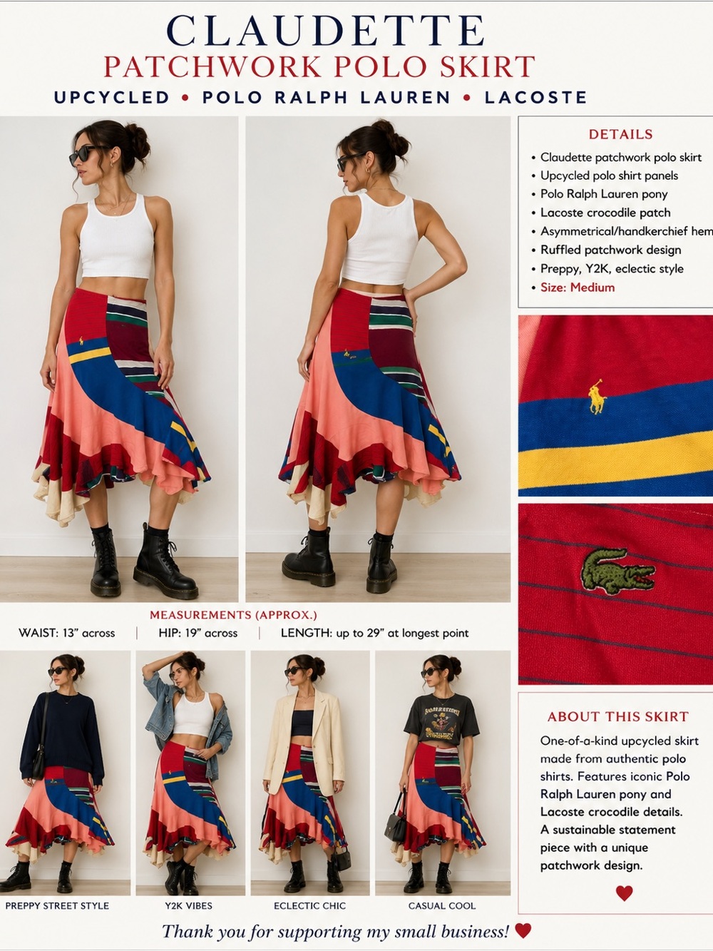 Claudette Patchwork Polo Skirt M Upcycled Ralph Lauren Lacoste Asymmetrical